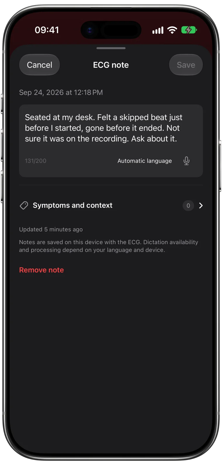 ECG Tracker+ note editor on an ECG recording with a short symptom note