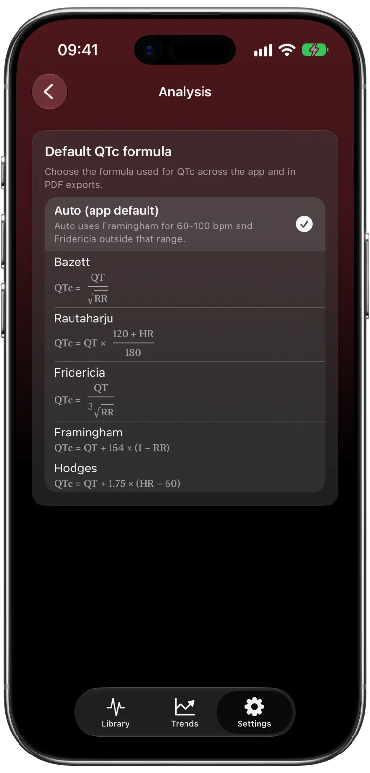 ECG Tracker+ Analysis settings listing QTc correction formulas with the automatic app default selected