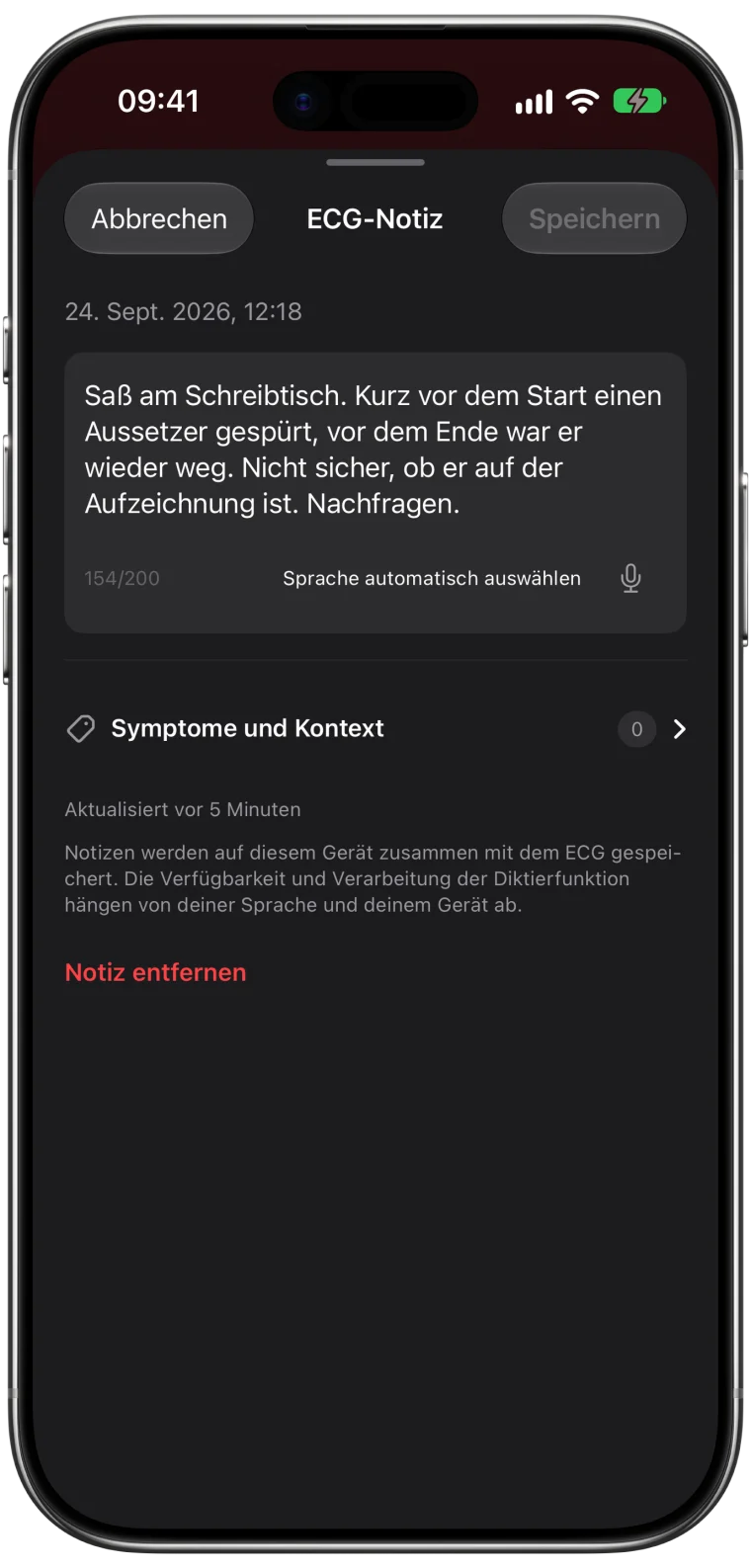 Editor „ECG-Notiz“ in ECG Tracker+ bei einer EKG-Aufzeichnung mit einer kurzen Notiz zu Beschwerden