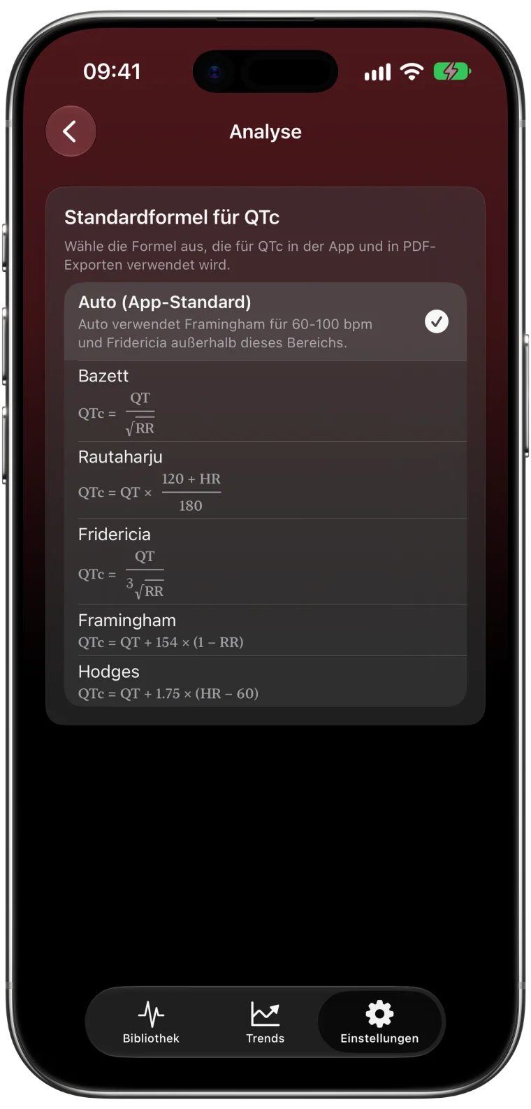 Einstellungen „Analyse“ in ECG Tracker+ mit den Korrekturformeln für QTc, ausgewählt ist „Auto (App-Standard)“
