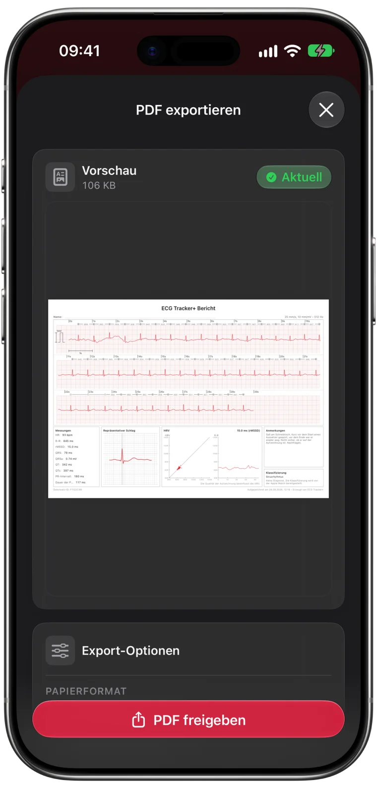 Ansicht „PDF exportieren“ in ECG Tracker+ mit aktueller Berichtsvorschau, Export-Optionen und der Taste „PDF freigeben“