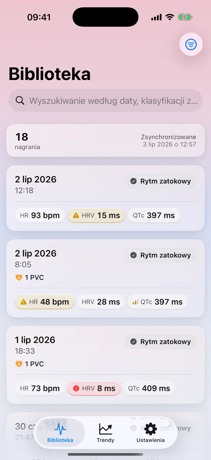 Biblioteka ECG Tracker+ z listą zapisów EKG z Apple Watch, z klasyfikacją rytmu i najważniejszymi pomiarami